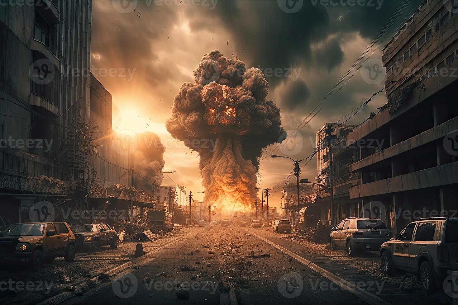 el explosión de el nuclear bomba. final de mundo ilustración. nuclear guerra amenaza concepto. un moderno nuclear bomba explosión terminado un pequeño ciudad. generativo ai foto