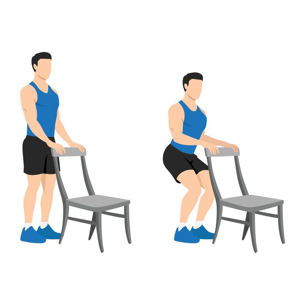 Man doing Chair squat exercise. Partial or half squat with chair for ...