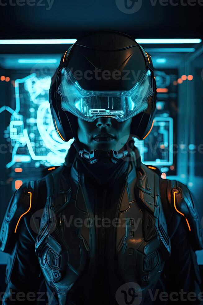 Portrait of a young cyborg man with futuristic color metal virtual reality glasses, cyborg man Augmented Reality, and futuristic vision 3d. Non-existent person. photo