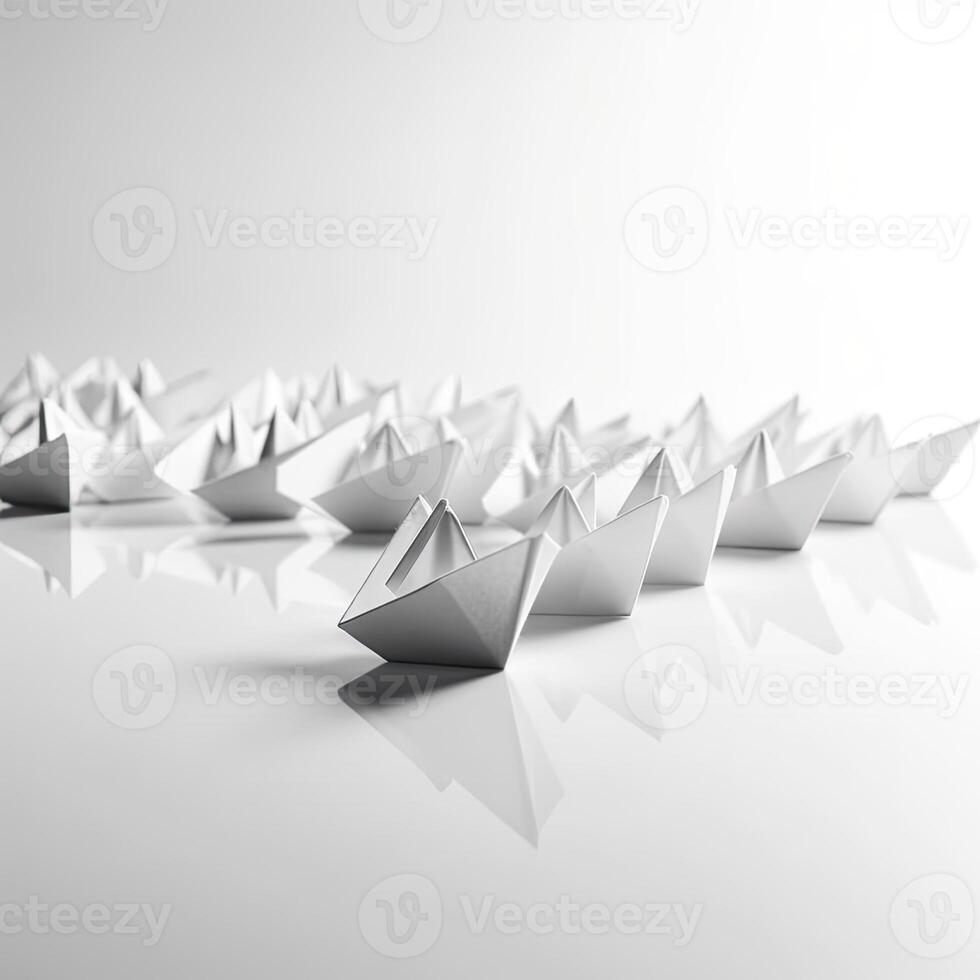 papel barco líder grupo de blanco papel botes - 3d ilustración. generativo ai foto