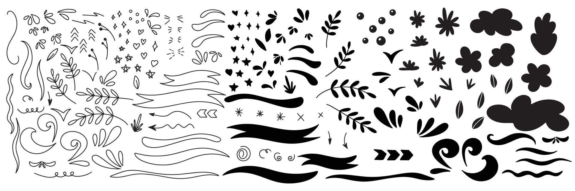 Collection of doodle decoration elements for drawing and art or lettering. Set vector illustration.