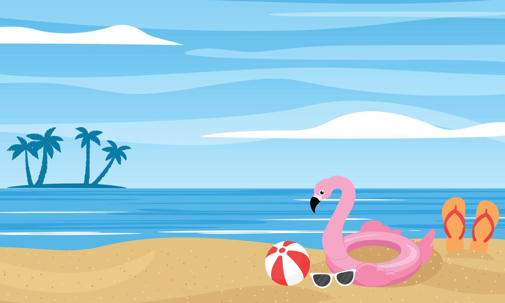 Summer background with beach and silhouette of little island with palm trees. Flamingo lifebuoy, beach ball, sunglasses. Vector illustration.