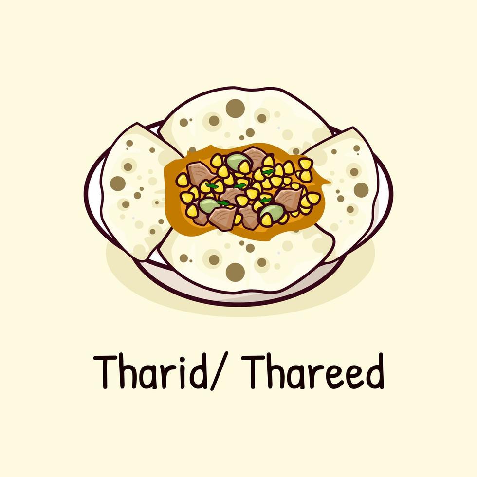 tharid tradicional árabe plato cocina hecho desde piezas de un pan en un vegetal o carne caldo vector