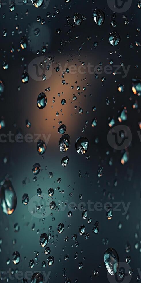 Condensation water drops on black glass background. Rain droplets with light reflection on dark window surface, abstract wet texture, scattered pure aqua blobs pattern Realistic. . photo