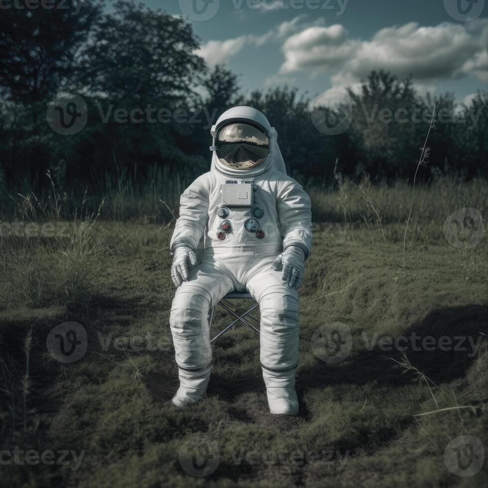 An astronaut sitting on a chair basking in green forest. photo