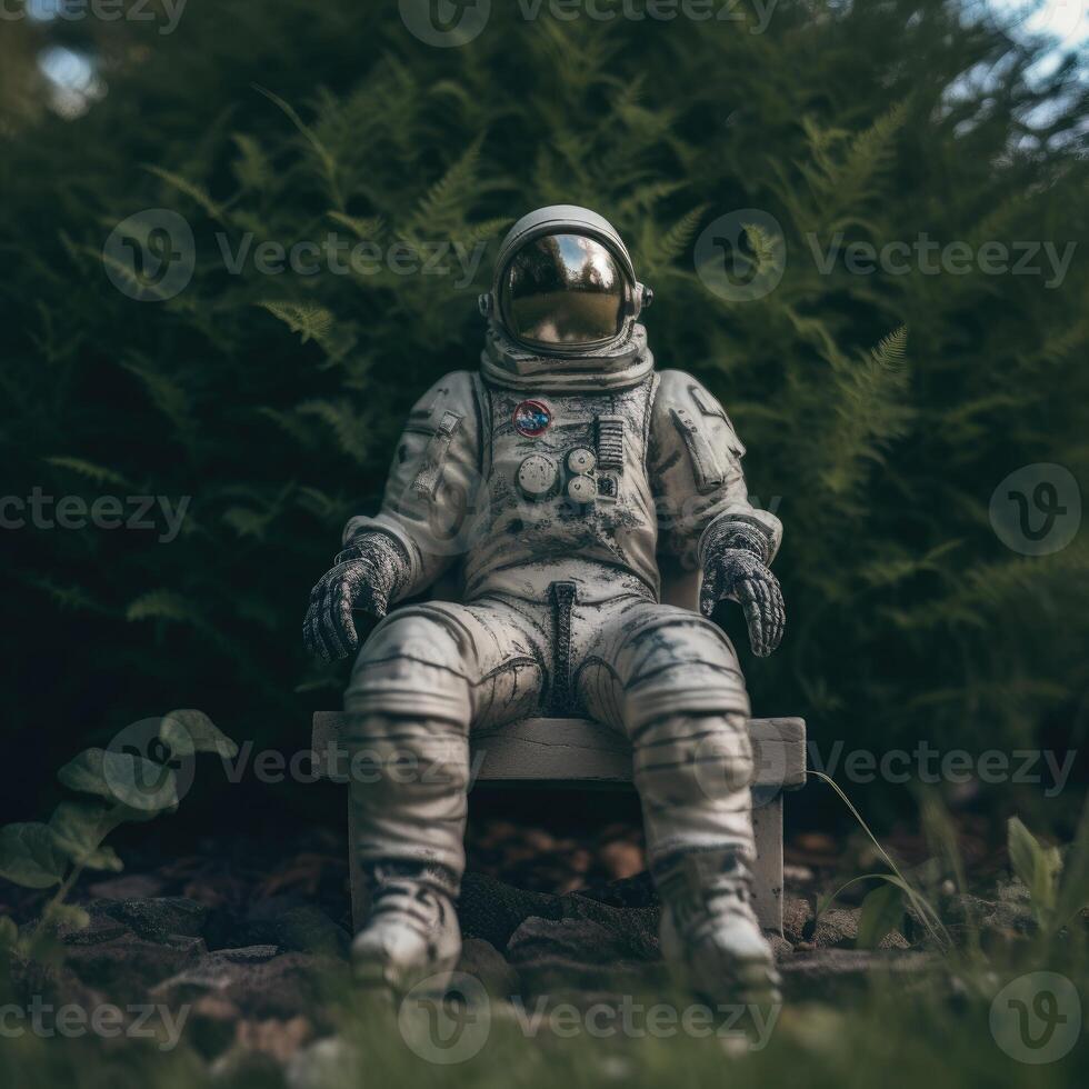 An astronaut sitting on a chair basking in green forest. photo