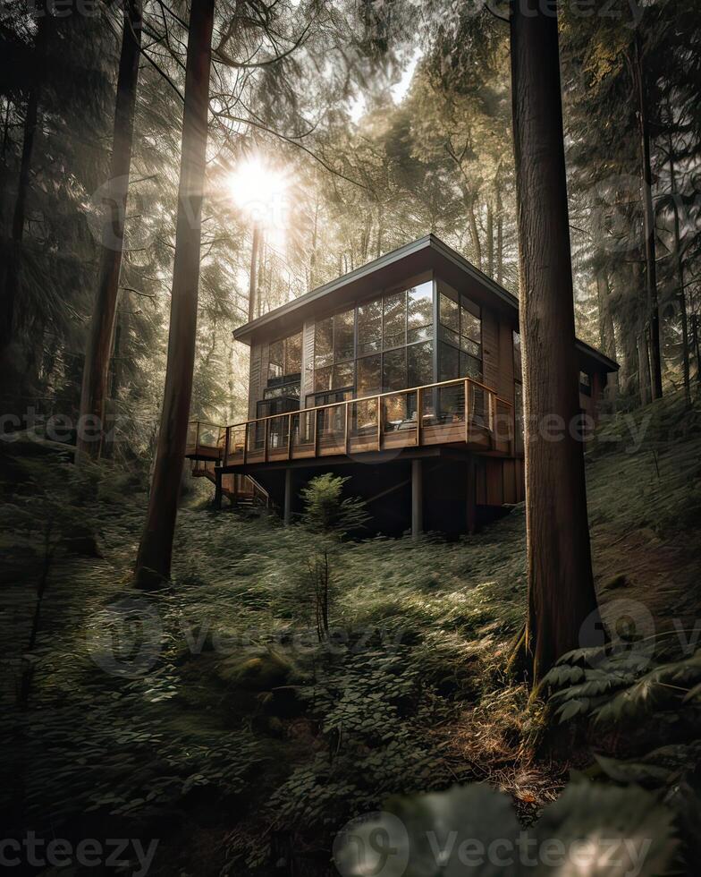 A modern house in forest perfect for isolated vacation or just a peaceful relax in the connection with nature. Modern architecture. . photo