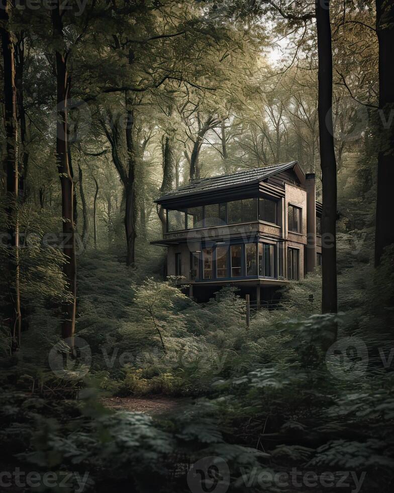 A modern house in forest perfect for isolated vacation or just a peaceful relax in the connection with nature. Modern architecture. . photo