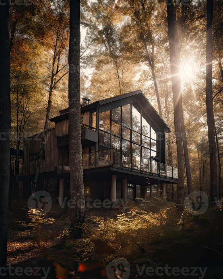 A modern house in forest perfect for isolated vacation or just a peaceful relax in the connection with nature. Modern architecture. . photo
