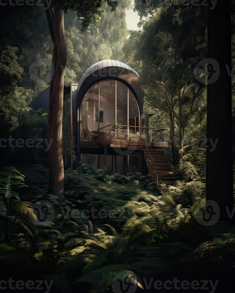 un moderno casa en bosque Perfecto para aislado vacaciones o sólo un pacífico relajarse en el conexión con naturaleza. moderno arquitectura. generativo ai. foto