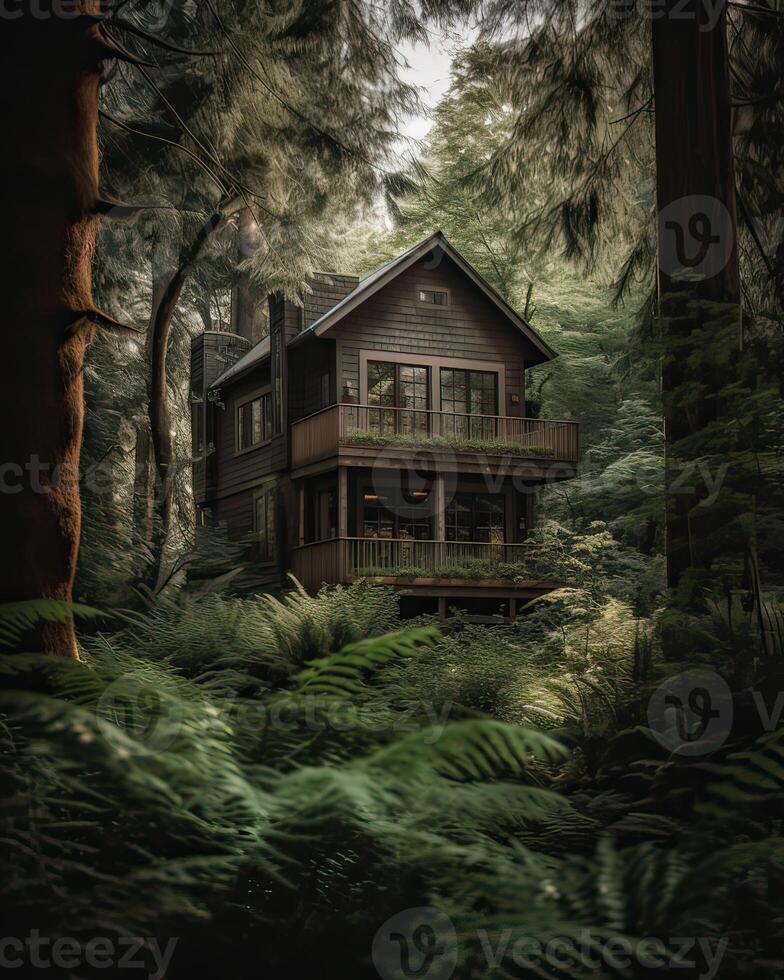 A modern house in forest perfect for isolated vacation or just a peaceful relax in the connection with nature. Modern architecture. . photo