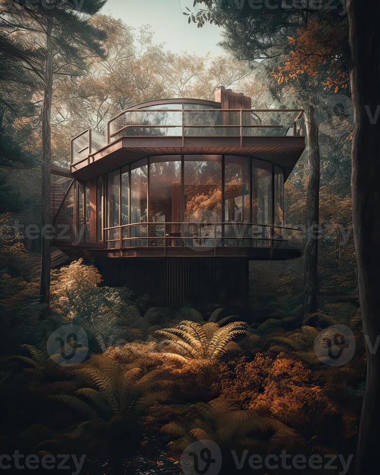 A modern house in forest perfect for isolated vacation or just a peaceful relax in the connection with nature. Modern architecture. . photo