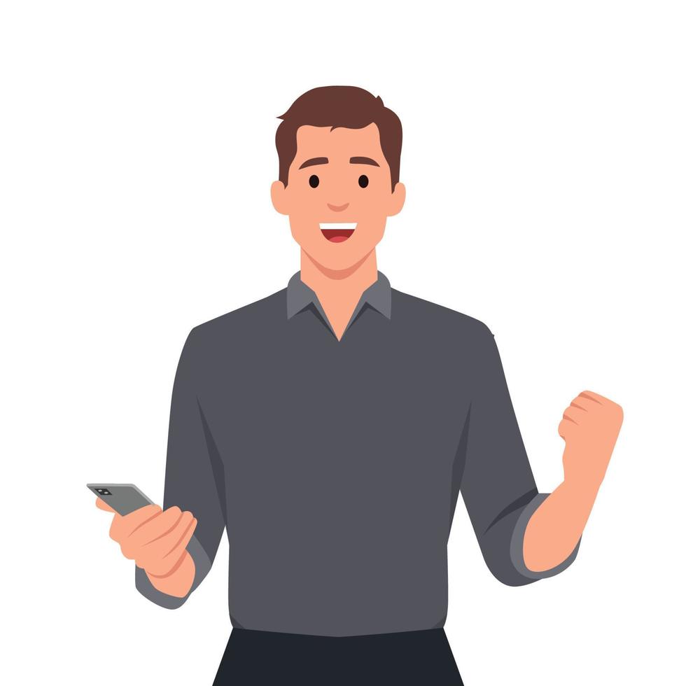 Young man, holding smartphone, are excited, surprised with happy expression vector