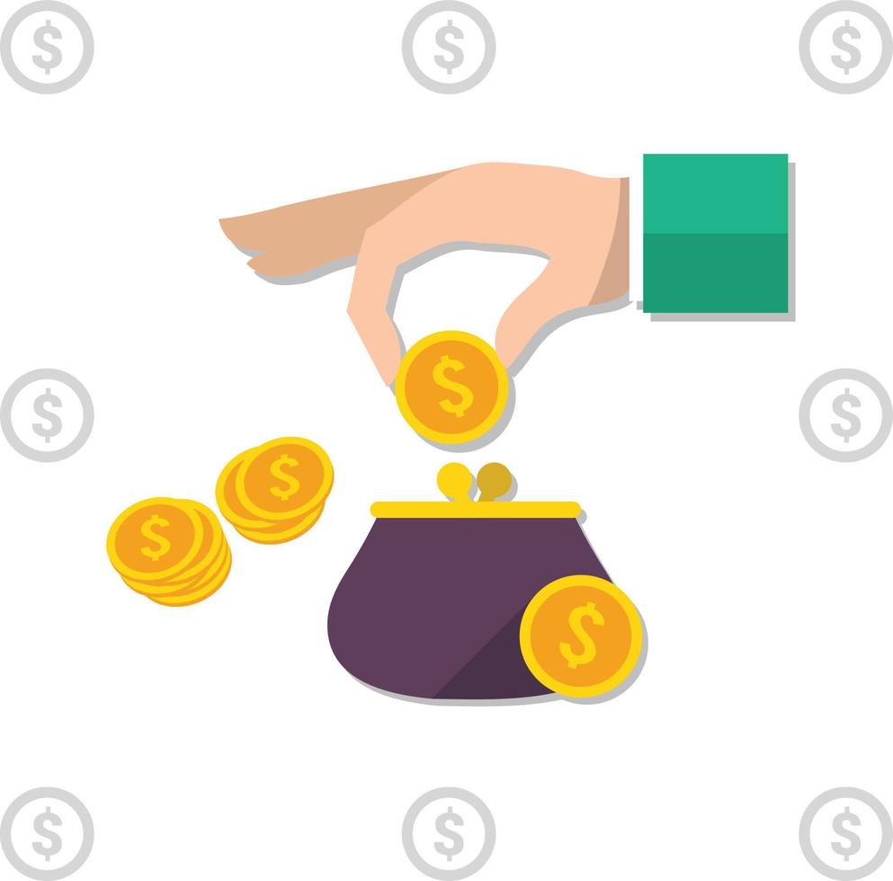 Vector flat illustration design save coin money on wallet isolate on white background