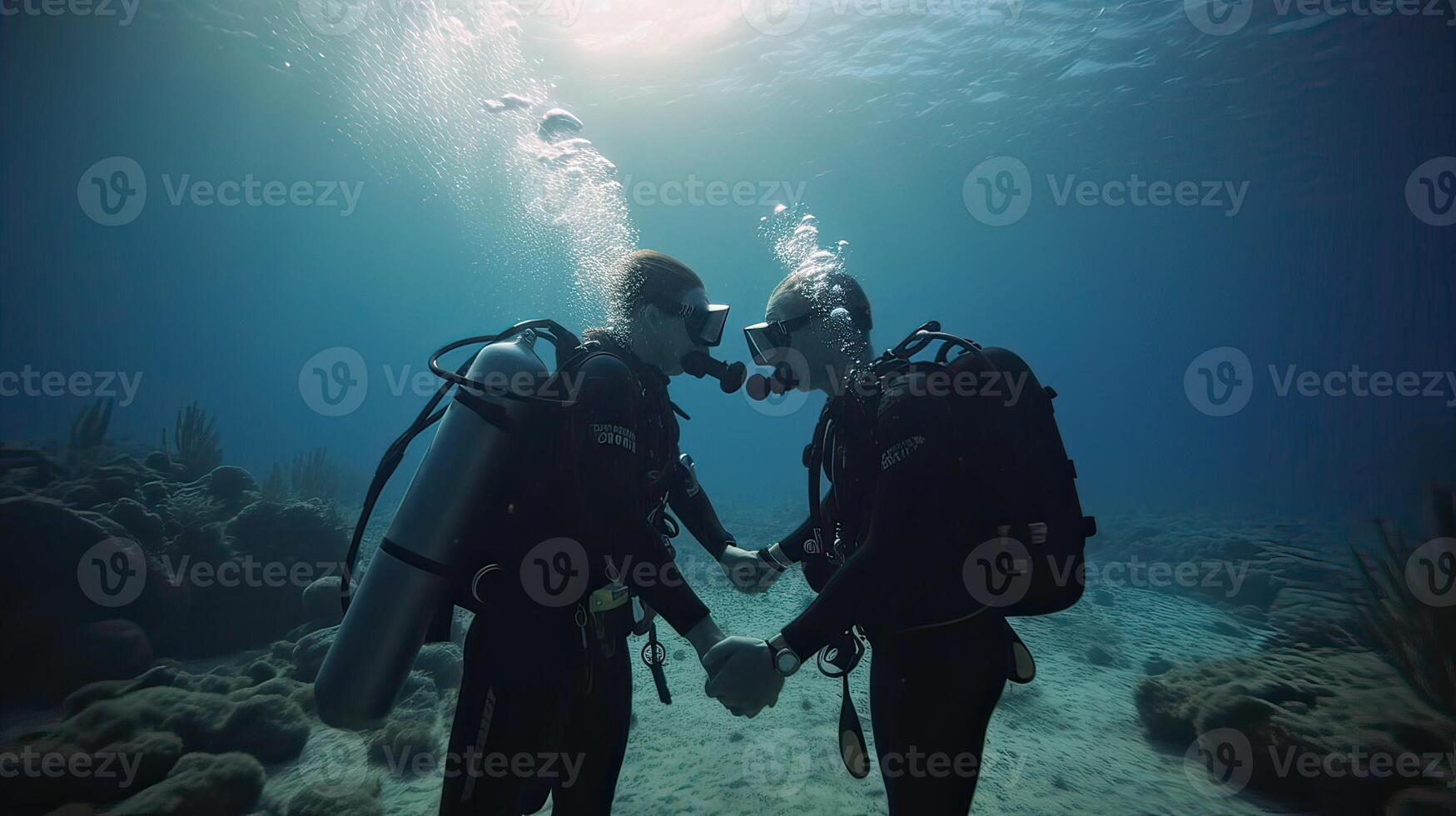two Scuba divers training. Two scuba divers in silhouette swimming to the surface in the rays background. Non-existent person. . photo