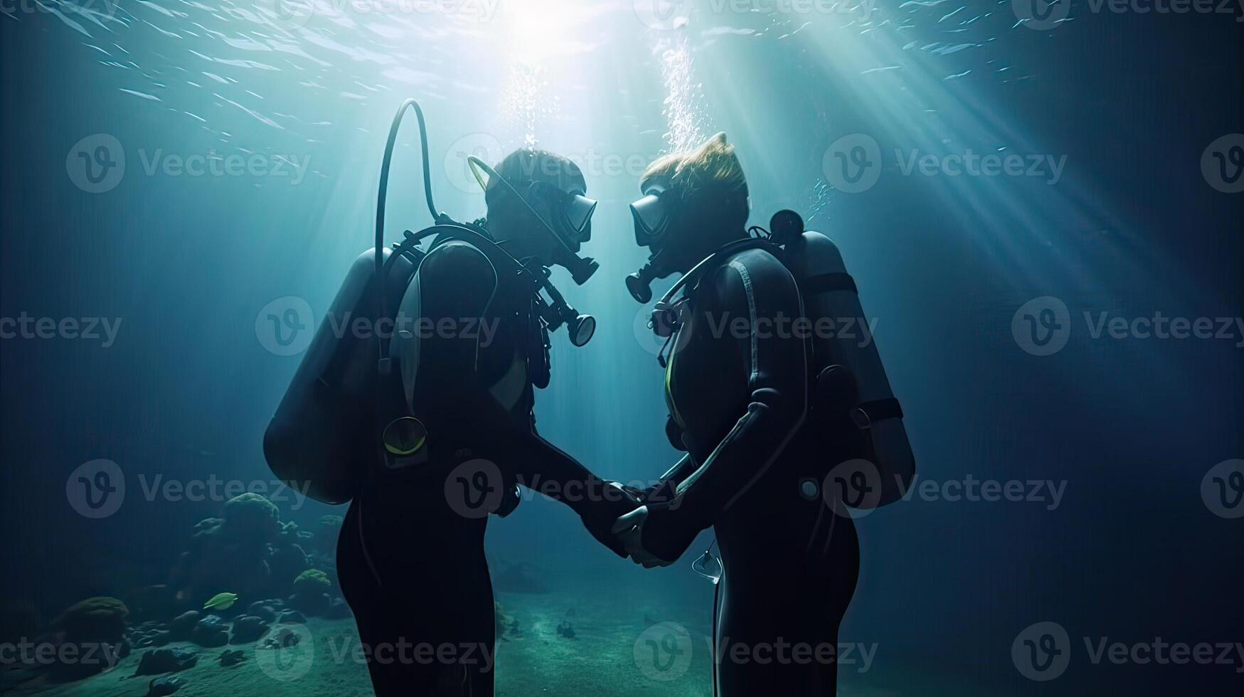two Scuba divers training. Two scuba divers in silhouette swimming to the surface in the rays background. Non-existent person. . photo