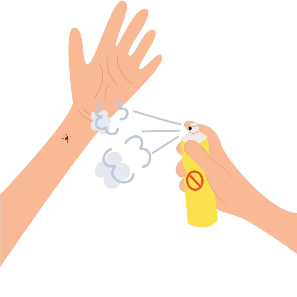 The human hand with the tick bite.  Protection against mosquitoes,ticks and other insects. Aerosol to prevent insect bites. Healthcare illustration. vector