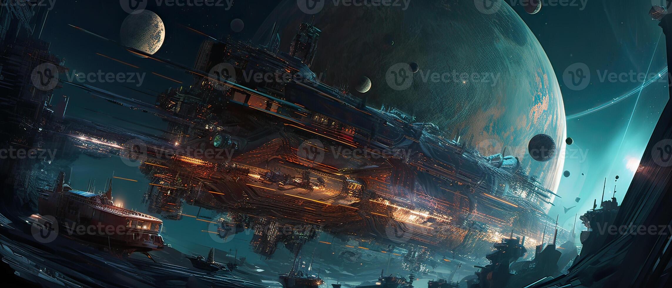 Futuristic sciFi huge battle spaceships. Futuristic sciFi huge battle spaceships concept for futuristic interstellar deep space travel for sci-fi backgrounds. . photo