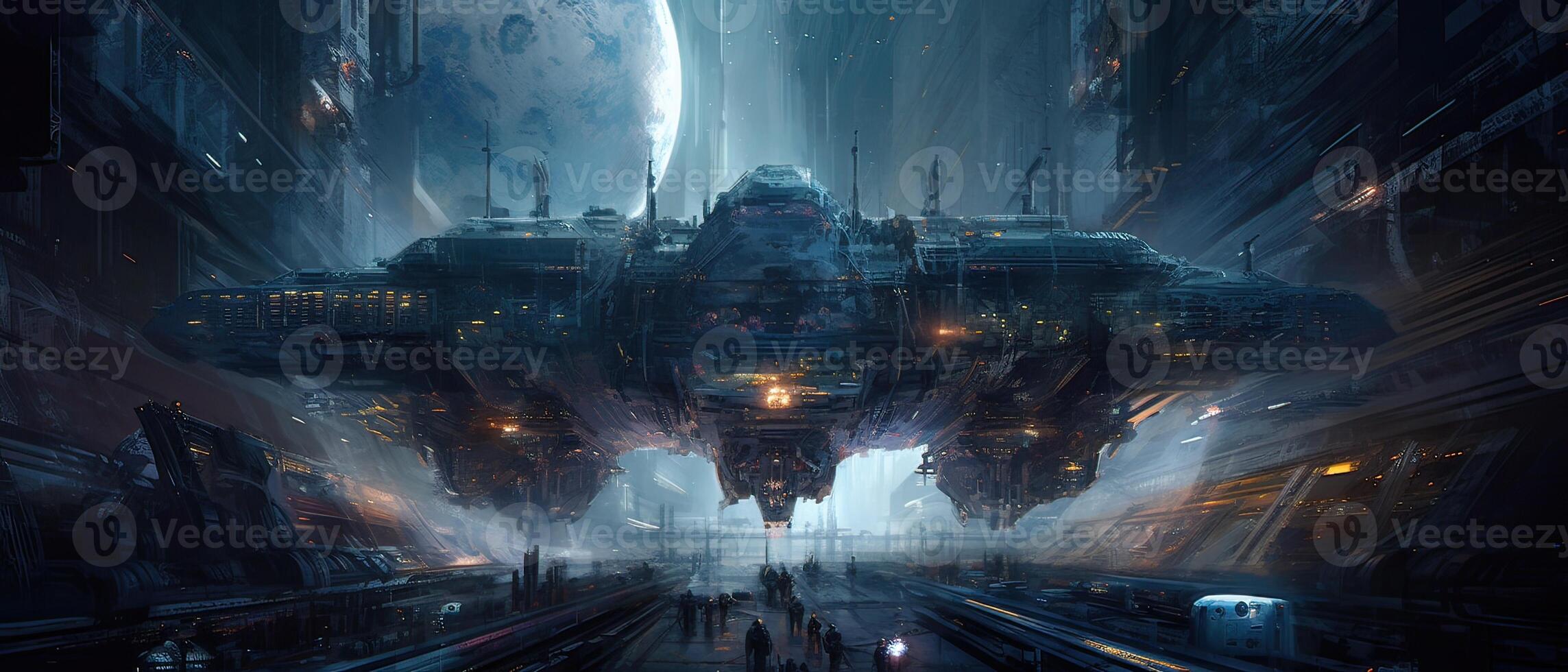Futuristic sciFi huge battle spaceships. Futuristic sciFi huge battle spaceships concept for futuristic interstellar deep space travel for sci-fi backgrounds. . photo