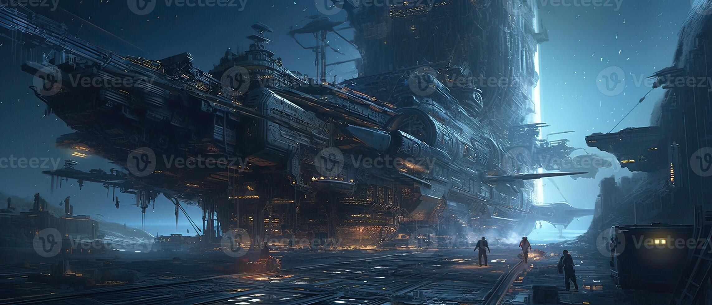 Futuristic sciFi huge battle spaceships. Futuristic sciFi huge battle spaceships concept for futuristic interstellar deep space travel for sci-fi backgrounds. . photo