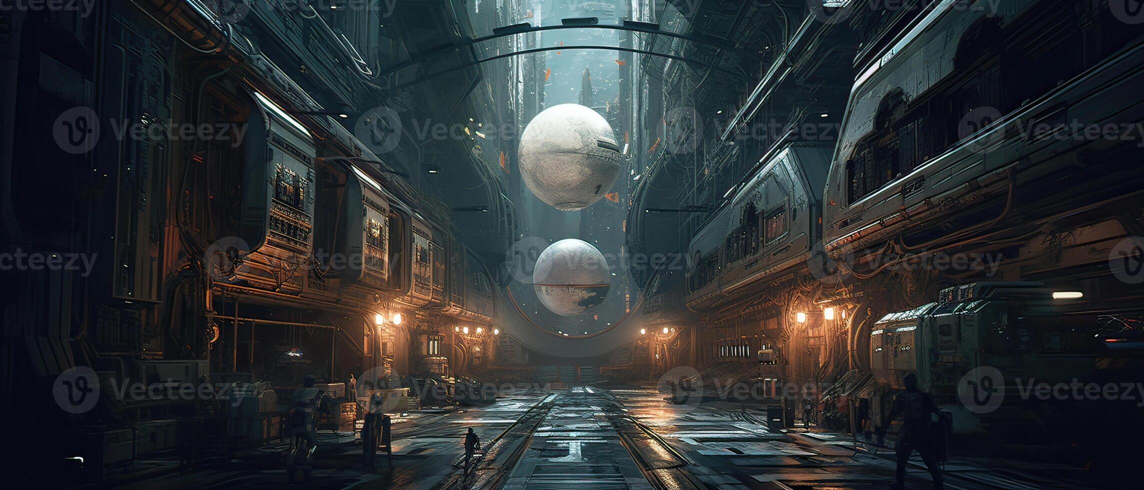 Futuristic sciFi huge battle spaceships. Futuristic sciFi huge battle spaceships concept for futuristic interstellar deep space travel for sci-fi backgrounds. . photo
