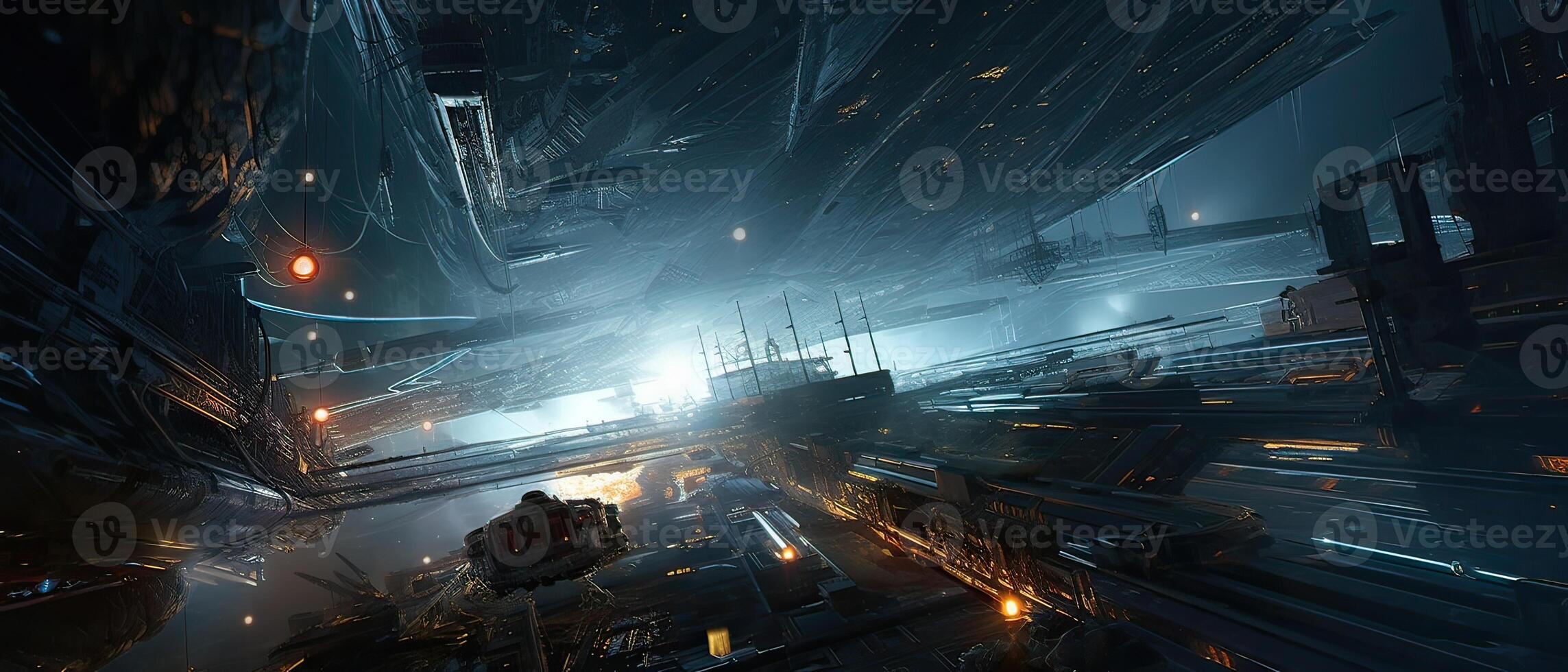 Futuristic sciFi huge battle spaceships. Futuristic sciFi huge battle spaceships concept for futuristic interstellar deep space travel for sci-fi backgrounds. . photo