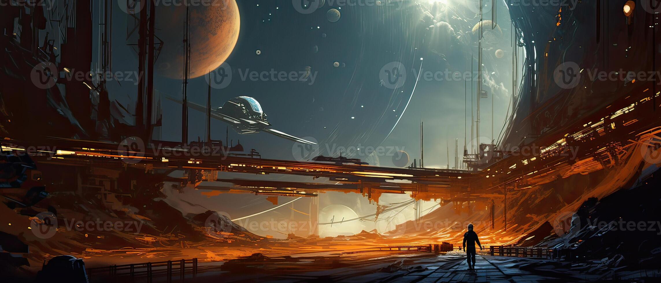 Futuristic sciFi huge battle spaceships. Futuristic sciFi huge battle spaceships concept for futuristic interstellar deep space travel for sci-fi backgrounds. . photo