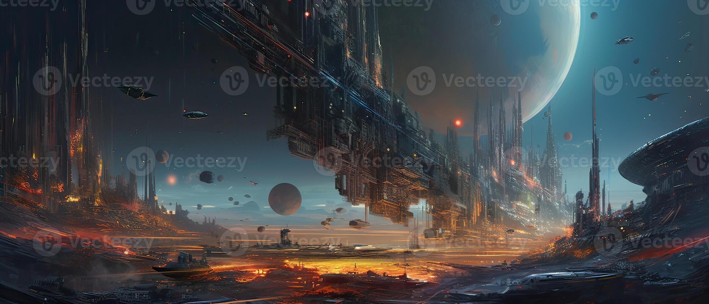 Futuristic sciFi huge battle spaceships. Futuristic sciFi huge battle spaceships concept for futuristic interstellar deep space travel for sci-fi backgrounds. . photo