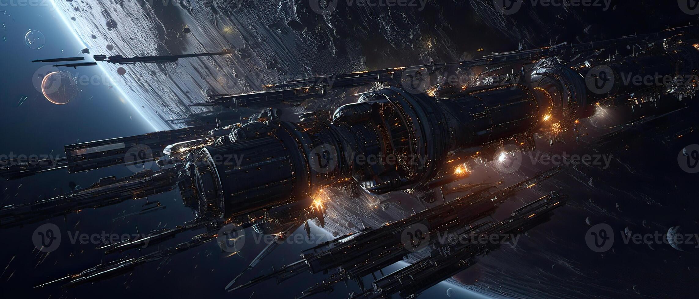 Futuristic sciFi huge battle spaceships. Futuristic sciFi huge battle spaceships concept for futuristic interstellar deep space travel for sci-fi backgrounds. . photo