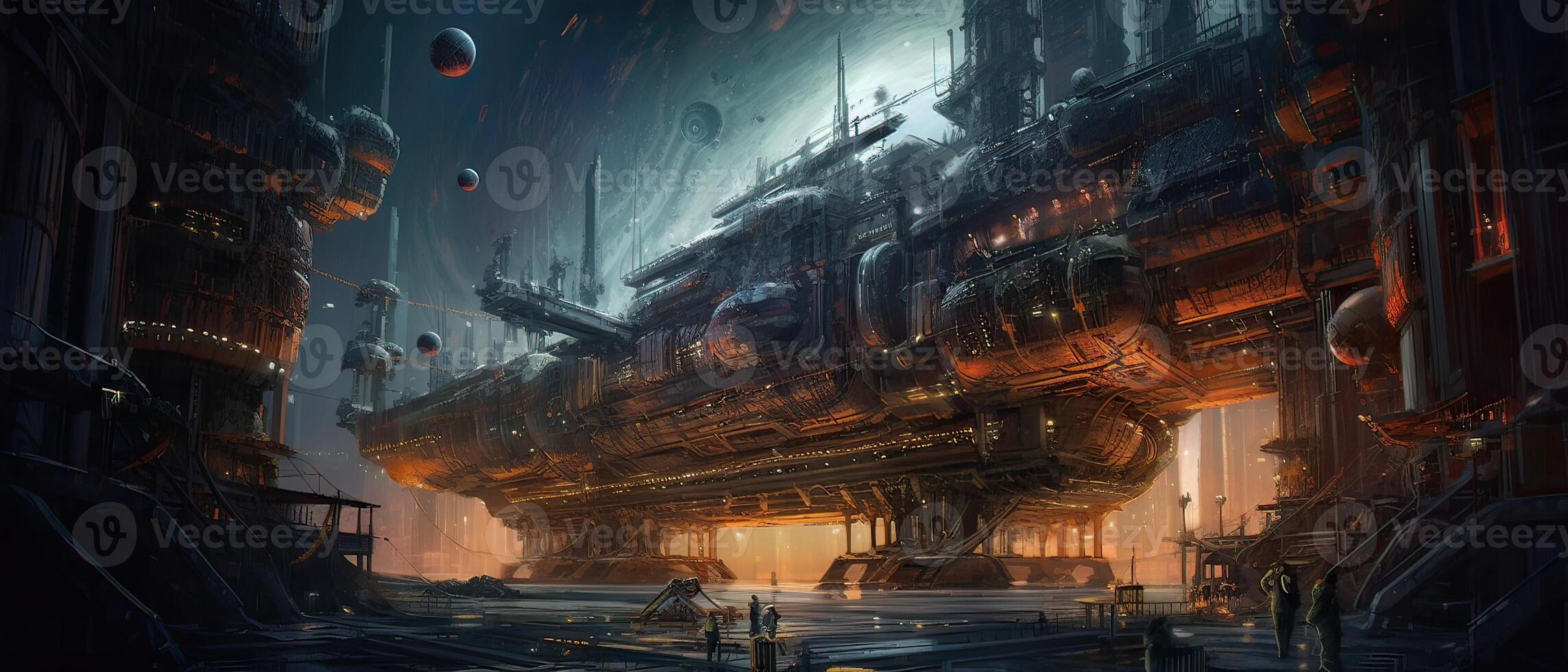 Futuristic sciFi huge battle spaceships. Futuristic sciFi huge battle spaceships concept for futuristic interstellar deep space travel for sci-fi backgrounds. . photo