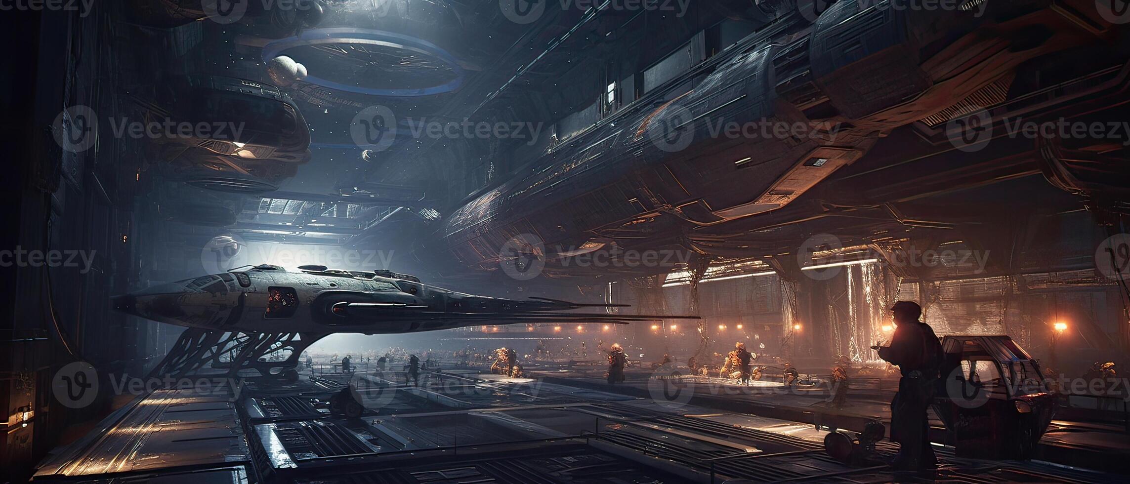 Futuristic sciFi huge battle spaceships. Futuristic sciFi huge battle spaceships concept for futuristic interstellar deep space travel for sci-fi backgrounds. . photo