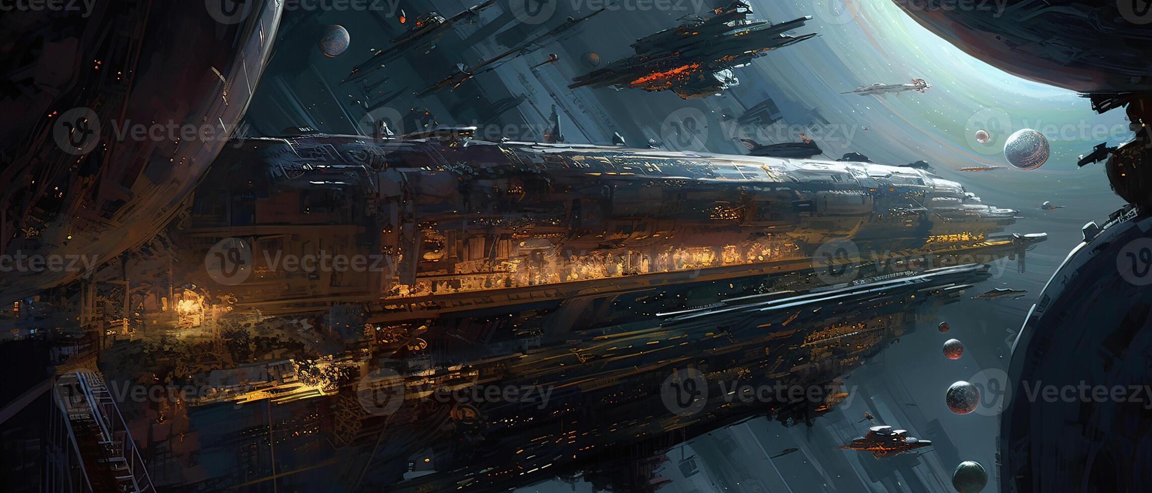 Futuristic sciFi huge battle spaceships. Futuristic sciFi huge battle spaceships concept for futuristic interstellar deep space travel for sci-fi backgrounds. . photo