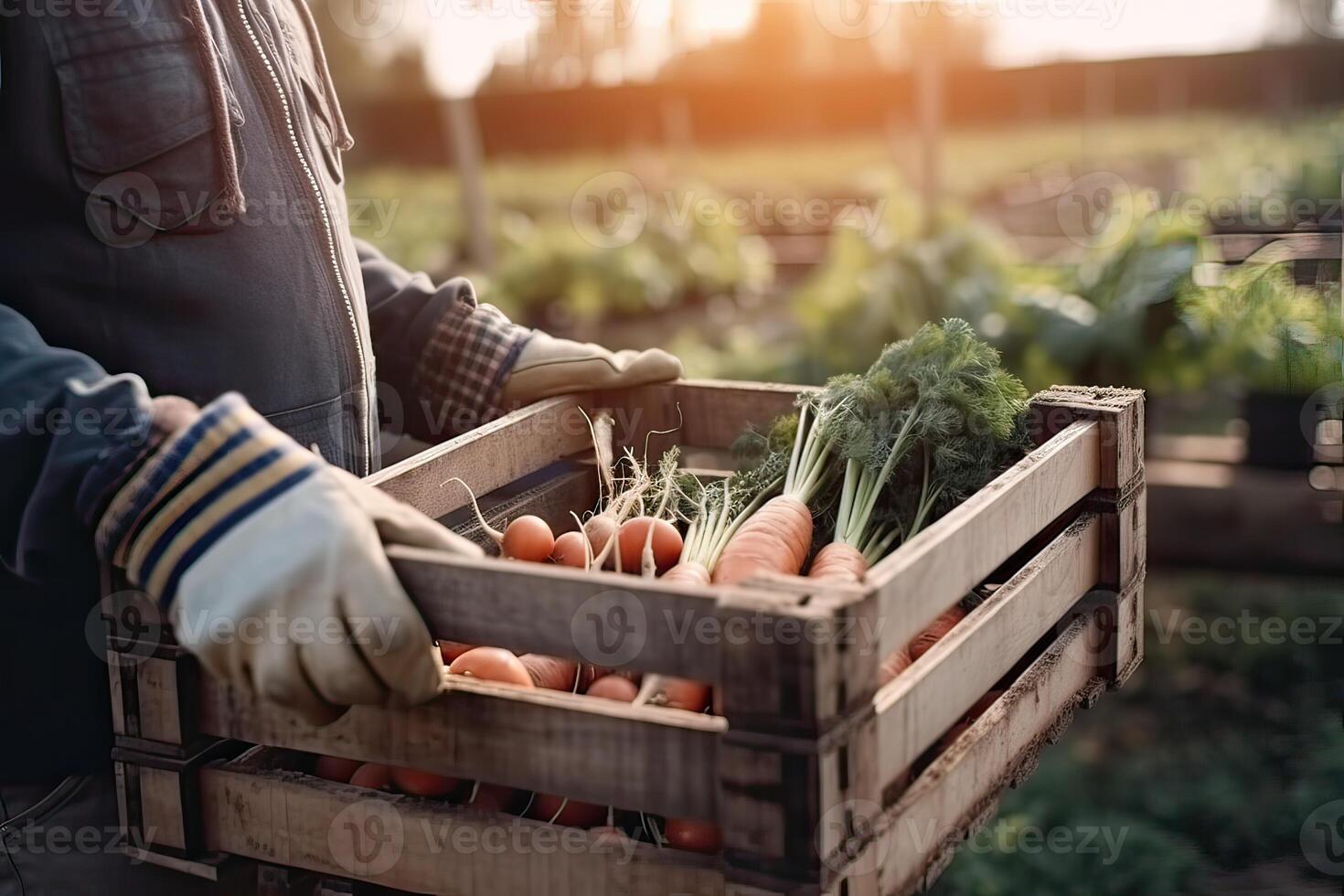 Farmer holding box with vegetables. Farmer holding wooden crate filled with fresh vegetables and fruits. . photo