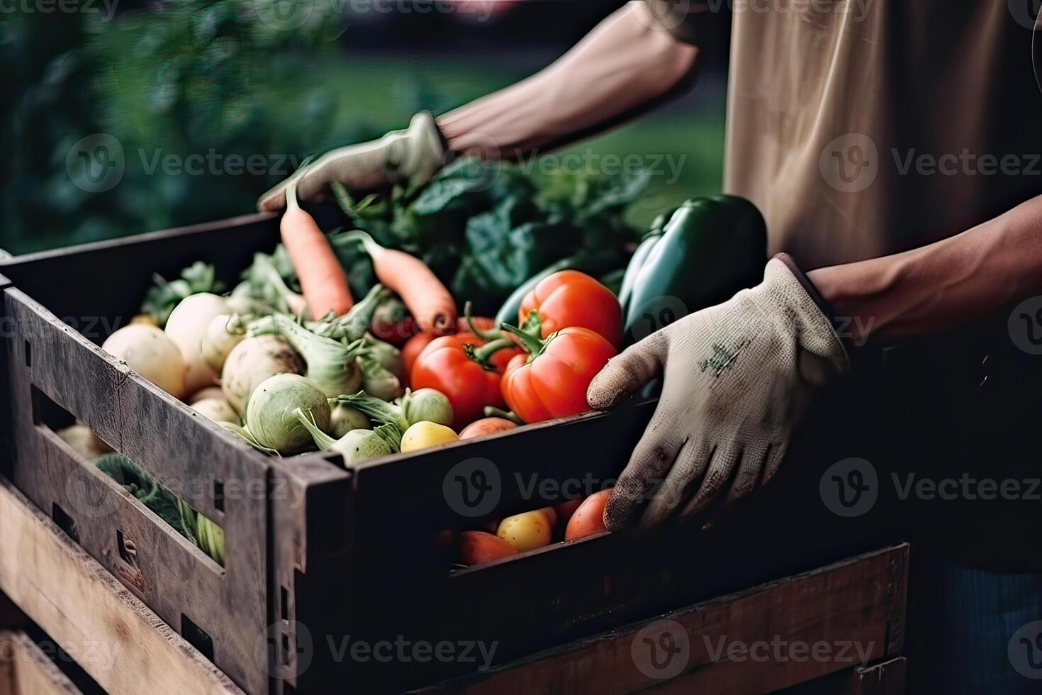 Farmer holding box with vegetables. Farmer holding wooden crate filled with fresh vegetables and fruits. . photo