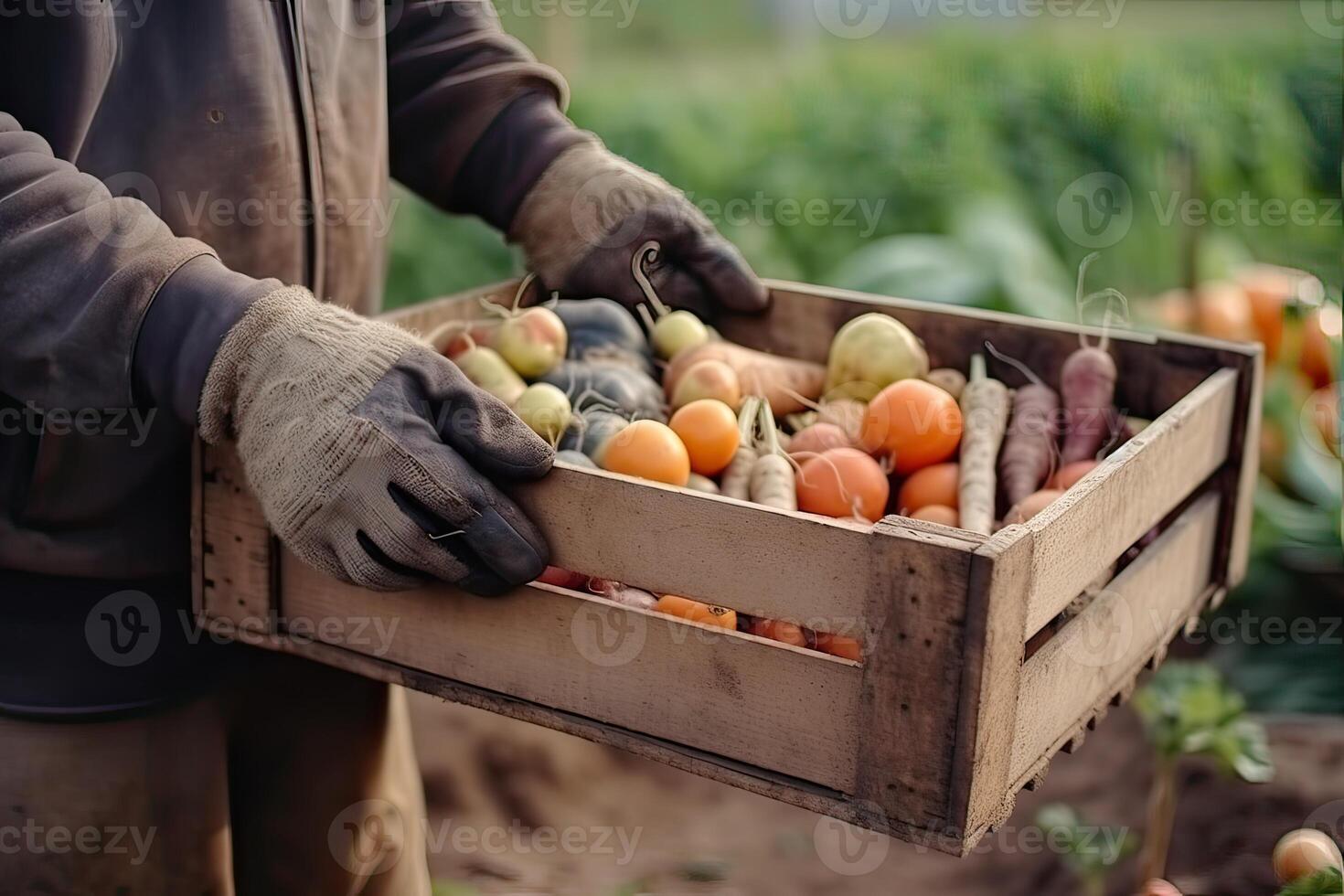 Farmer holding box with vegetables. Farmer holding wooden crate filled with fresh vegetables and fruits. . photo