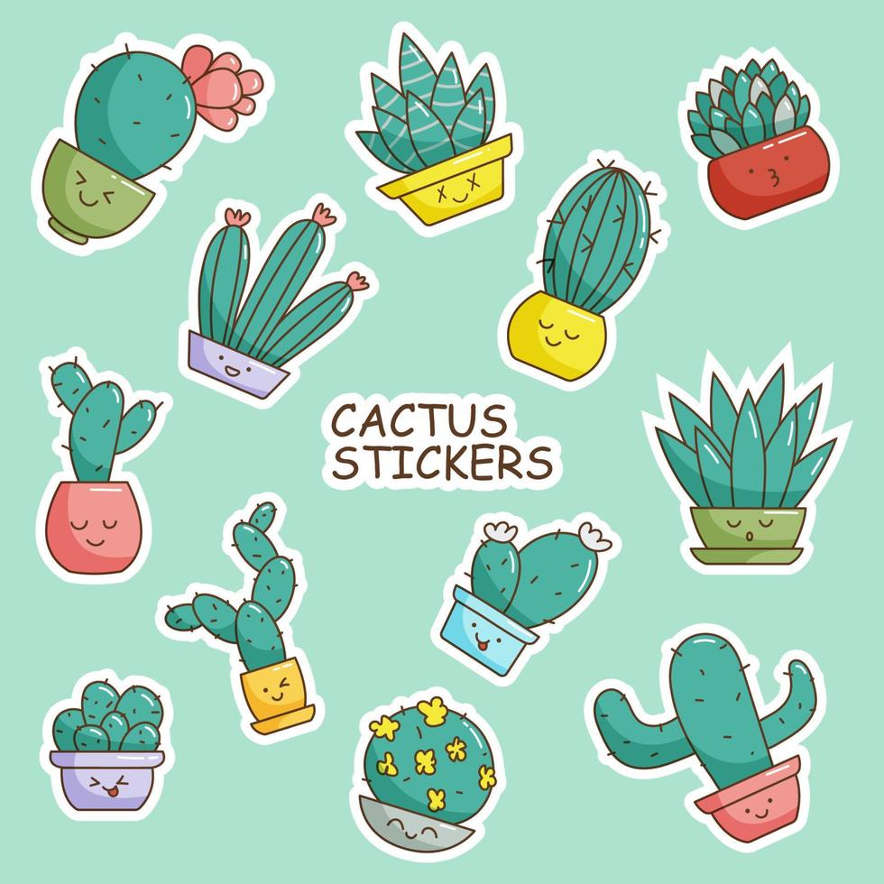 conjunto de pegatinas de cactus en ollas con gracioso caras vector