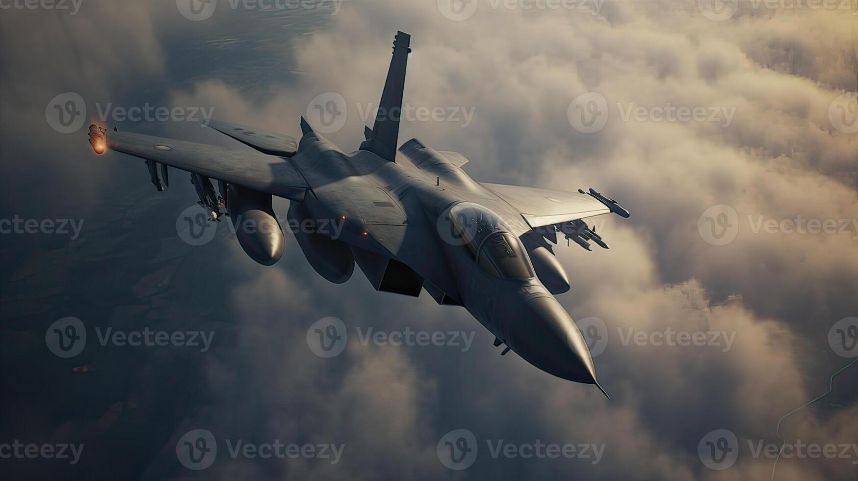 Military fighter aircraft at high speed, flying high in the sky. photo