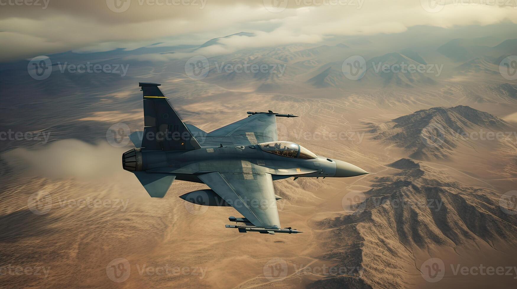Military fighter aircraft at high speed, flying high in the sky. photo
