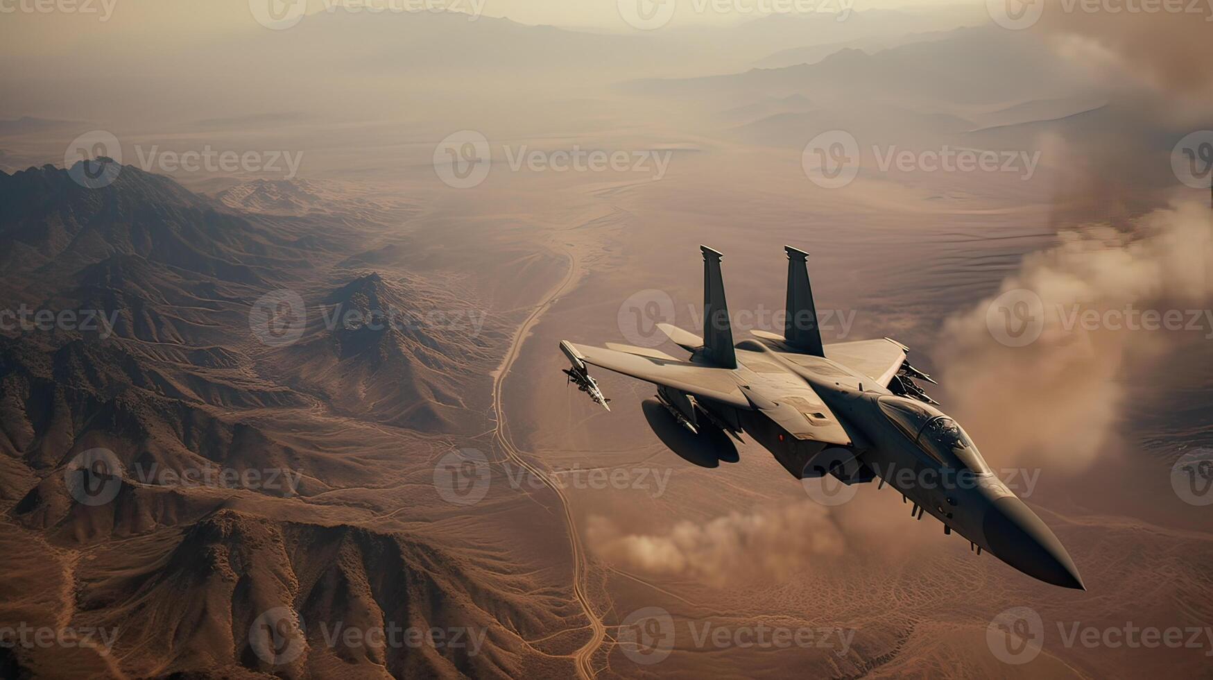 Military fighter aircraft at high speed, flying high in the sky. photo