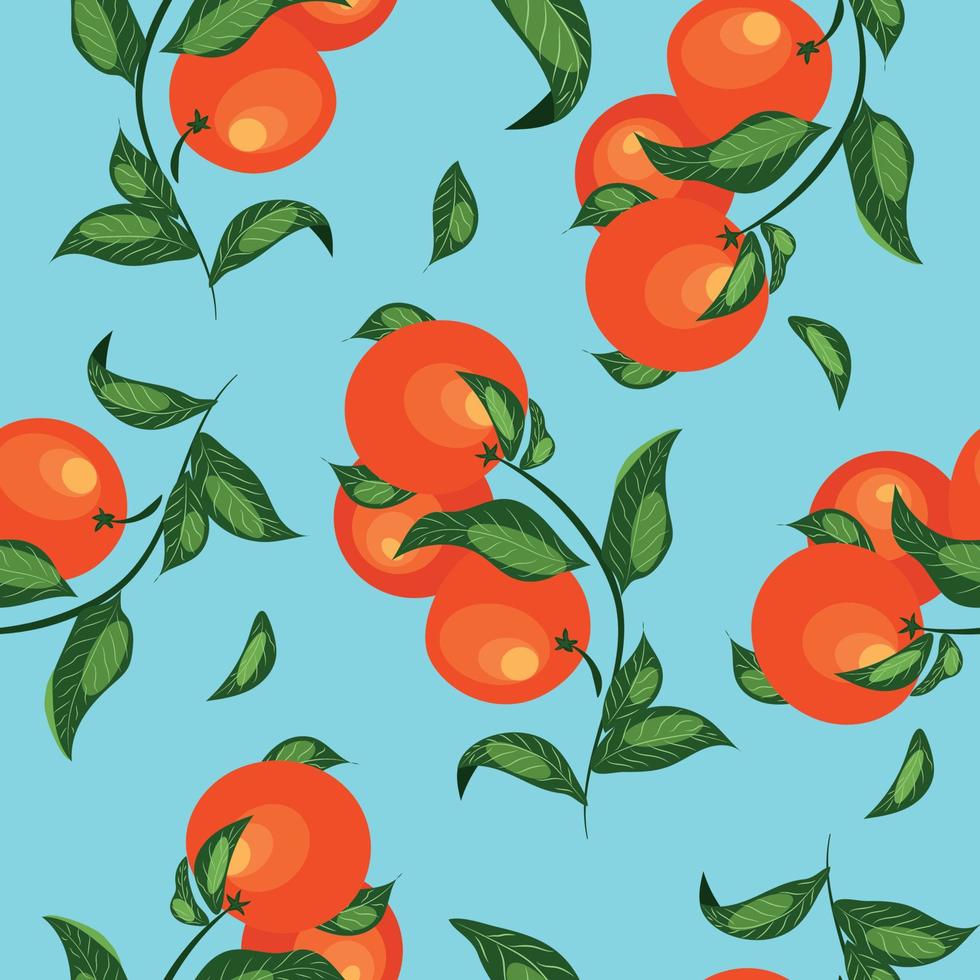 High quality vector image. Summer pattern with Sicilian oranges on a blue background.