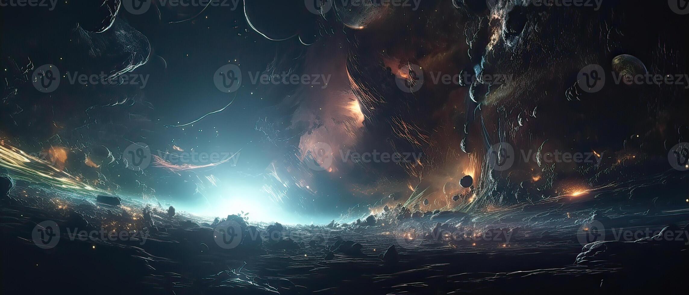 Astronauts with spaceship exploring an asteroid in space 3D. . photo
