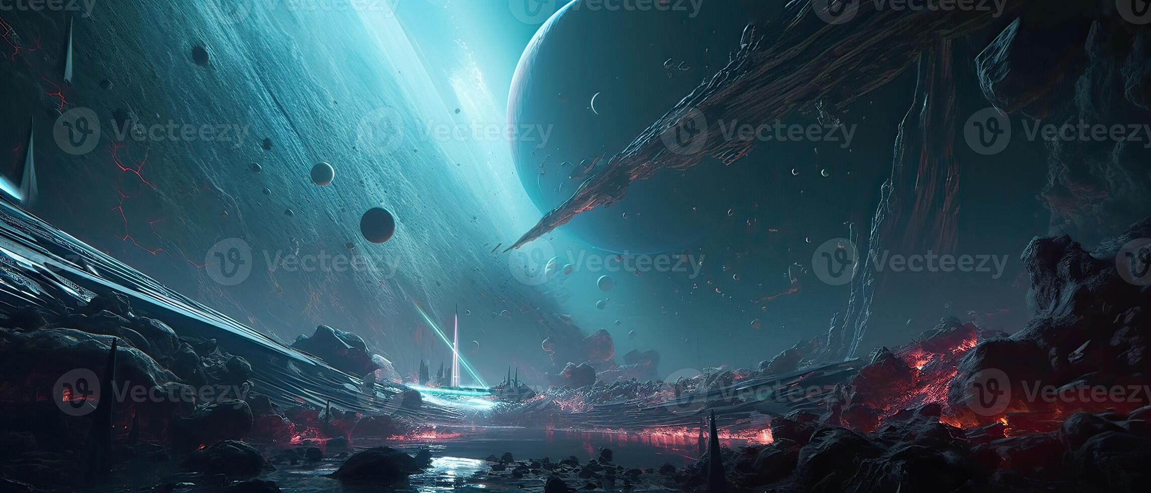 Astronauts with spaceship exploring an asteroid in space 3D. . photo