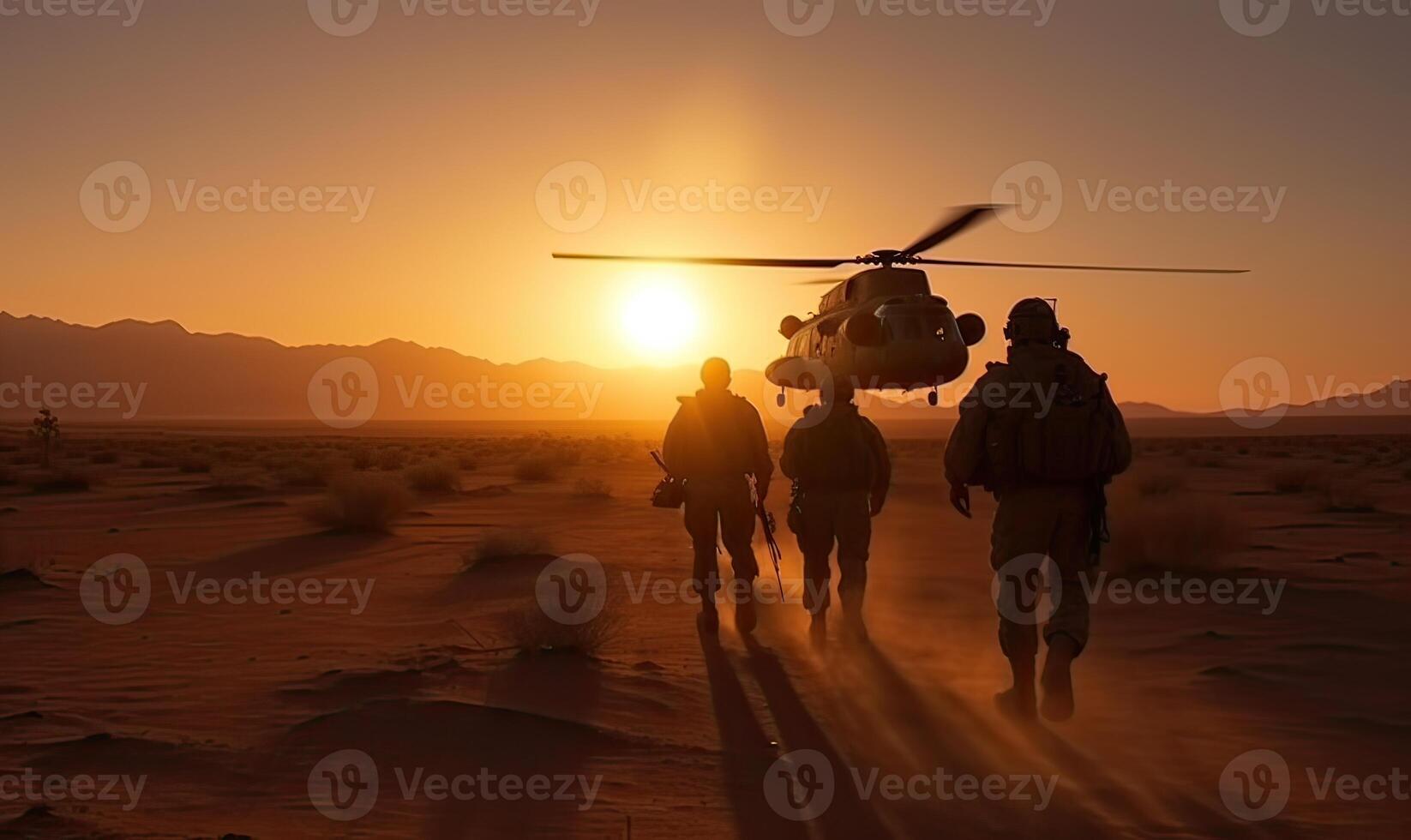 Military helicopter with silhouette soldiers. Armed conflict between Israel and Palestine, military action. A soldier in camouflage clothing walks towards a military helicopter. . photo