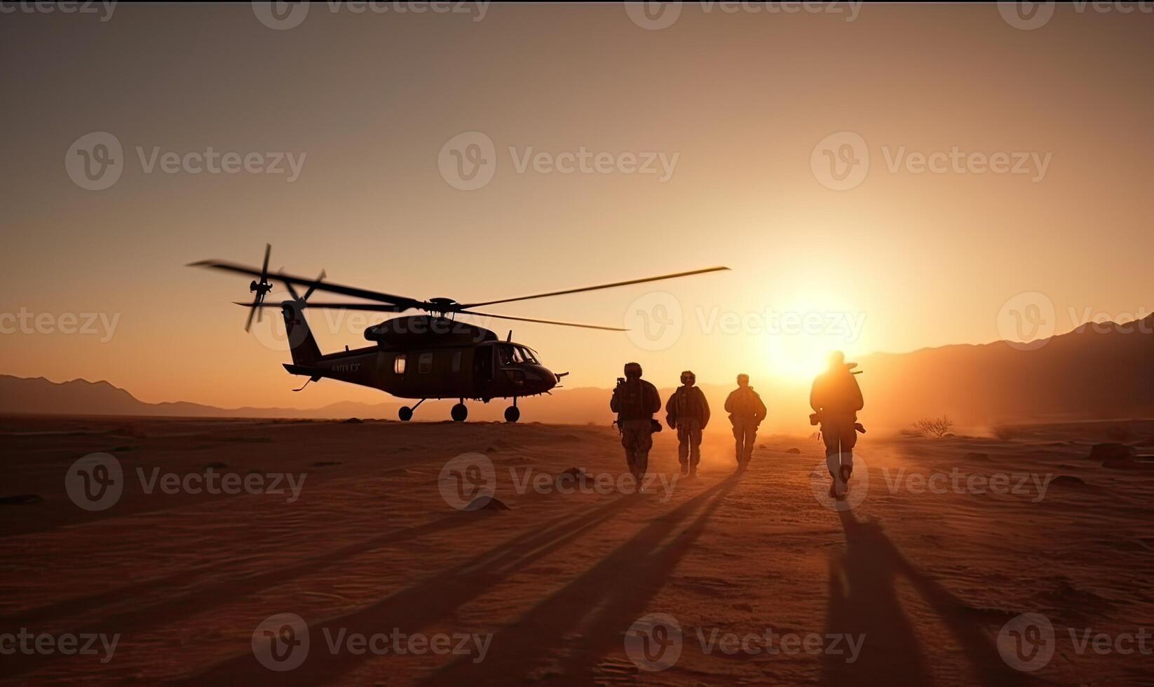 Military helicopter with silhouette soldiers. Armed conflict between Israel and Palestine, military action. A soldier in camouflage clothing walks towards a military helicopter. . photo