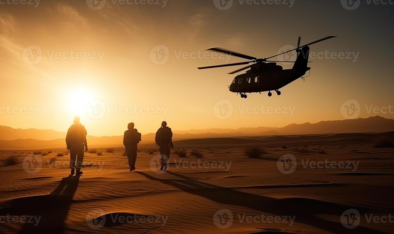 Military helicopter with silhouette soldiers. Armed conflict between Israel and Palestine, military action. A soldier in camouflage clothing walks towards a military helicopter. . photo