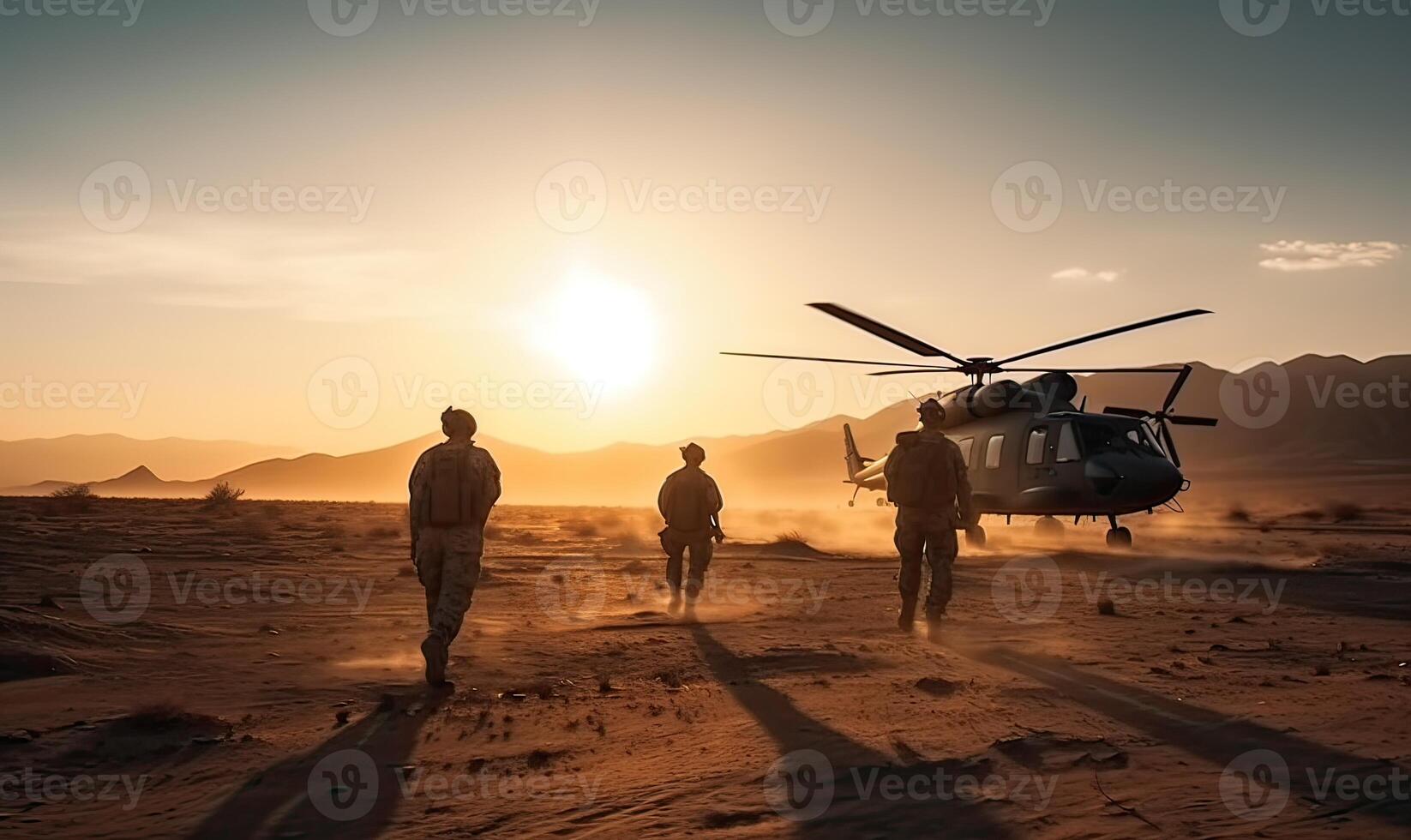 Military helicopter with silhouette soldiers. Armed conflict between Israel and Palestine, military action. A soldier in camouflage clothing walks towards a military helicopter. . photo