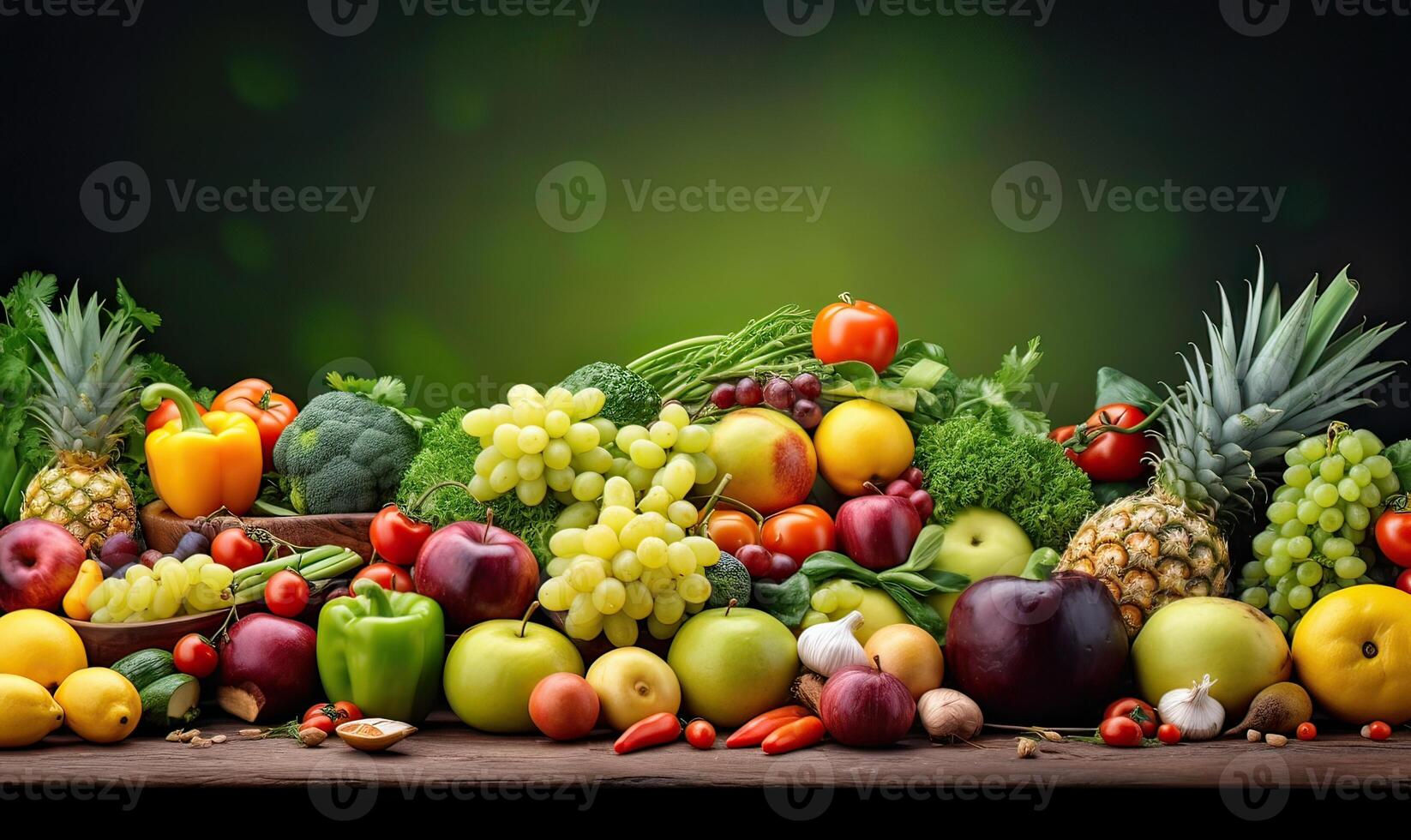 fruits, vegetables, and berries for your layout on green blurred background. Fresh vegetables and fruits background. . photo