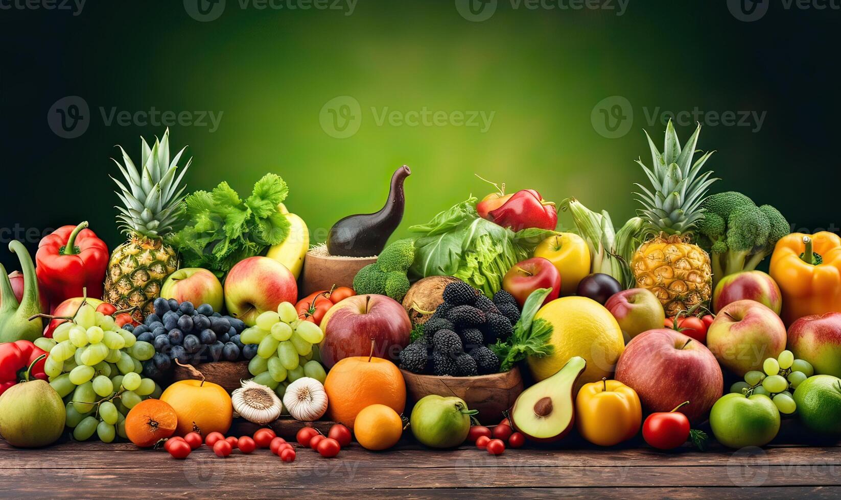 fruits, vegetables, and berries for your layout on green blurred background. Fresh vegetables and fruits background. . photo
