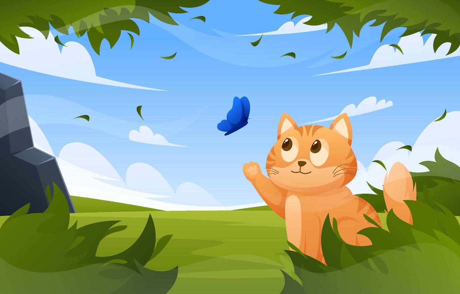 Cute Cat Playing with Butterfly Background vector