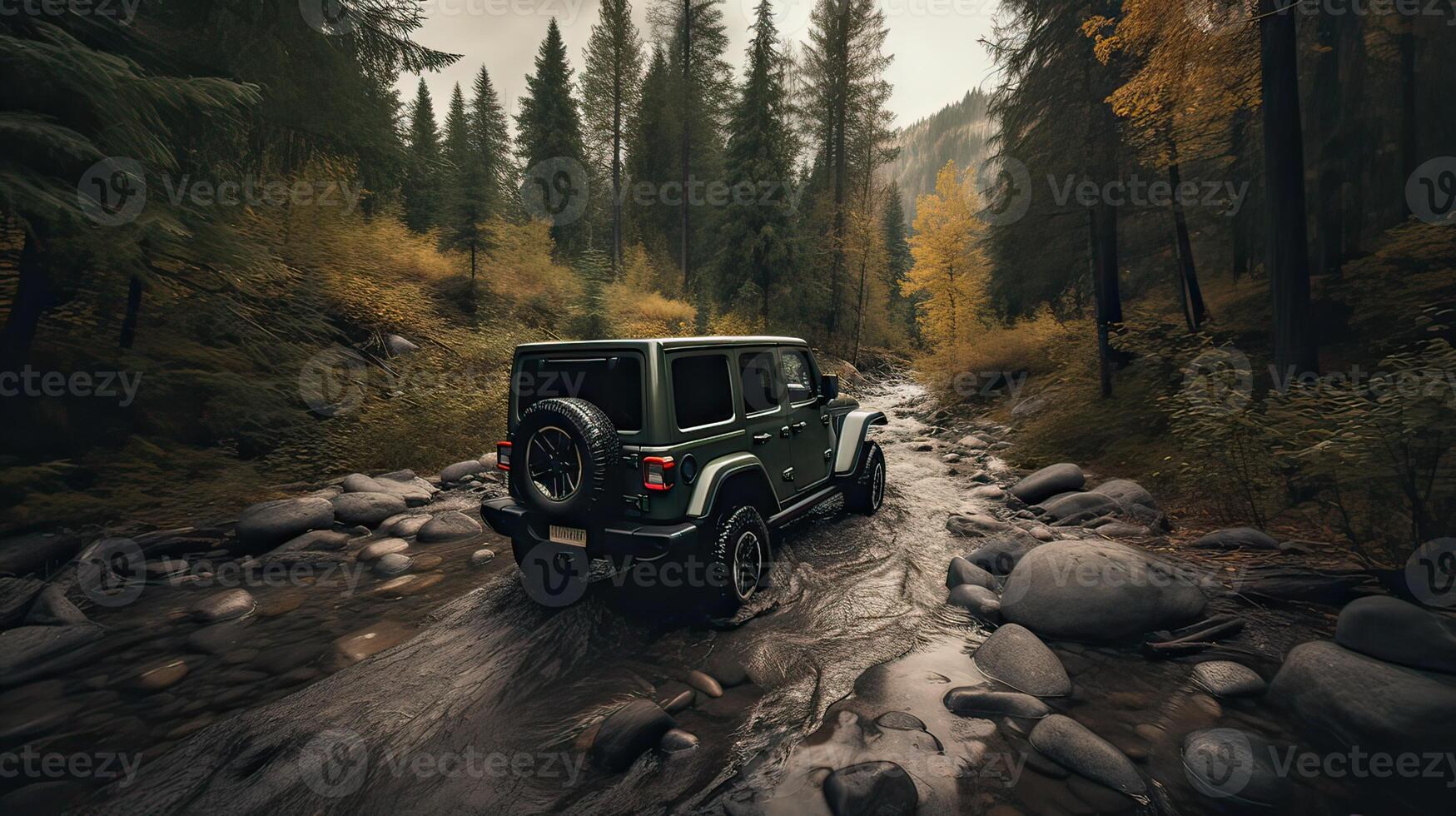 Offroad race on fall nature background. Cars racing in autumn forest. SUV or offroad car on path covered with grass crossing puddle with dirt splash. . photo